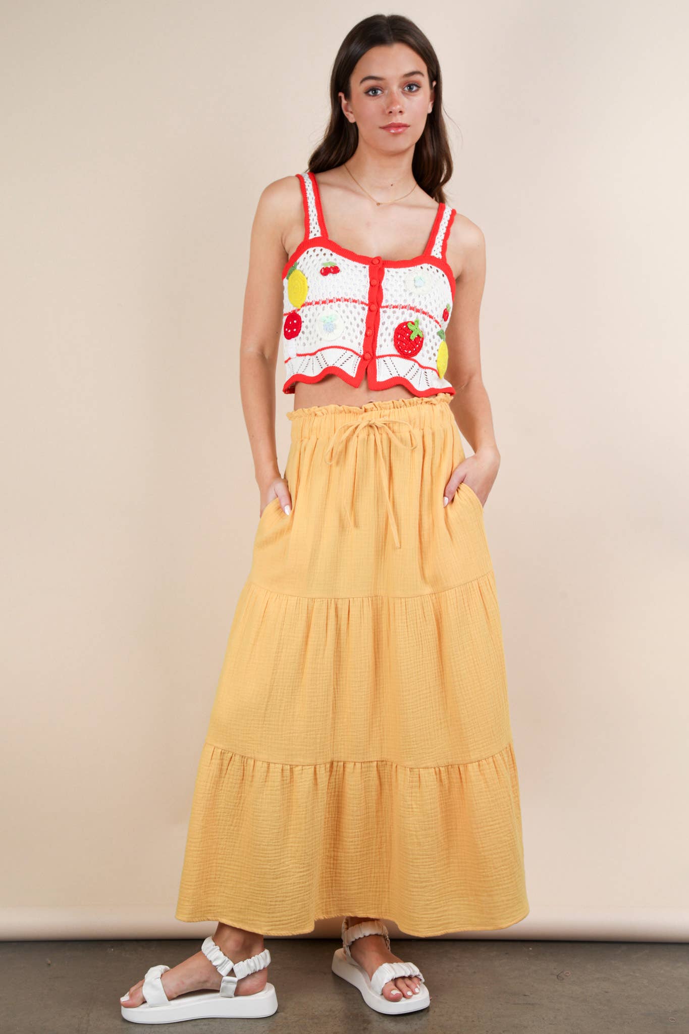 Ria's Mustard Elastic Waist Tiered Maxi Skirt