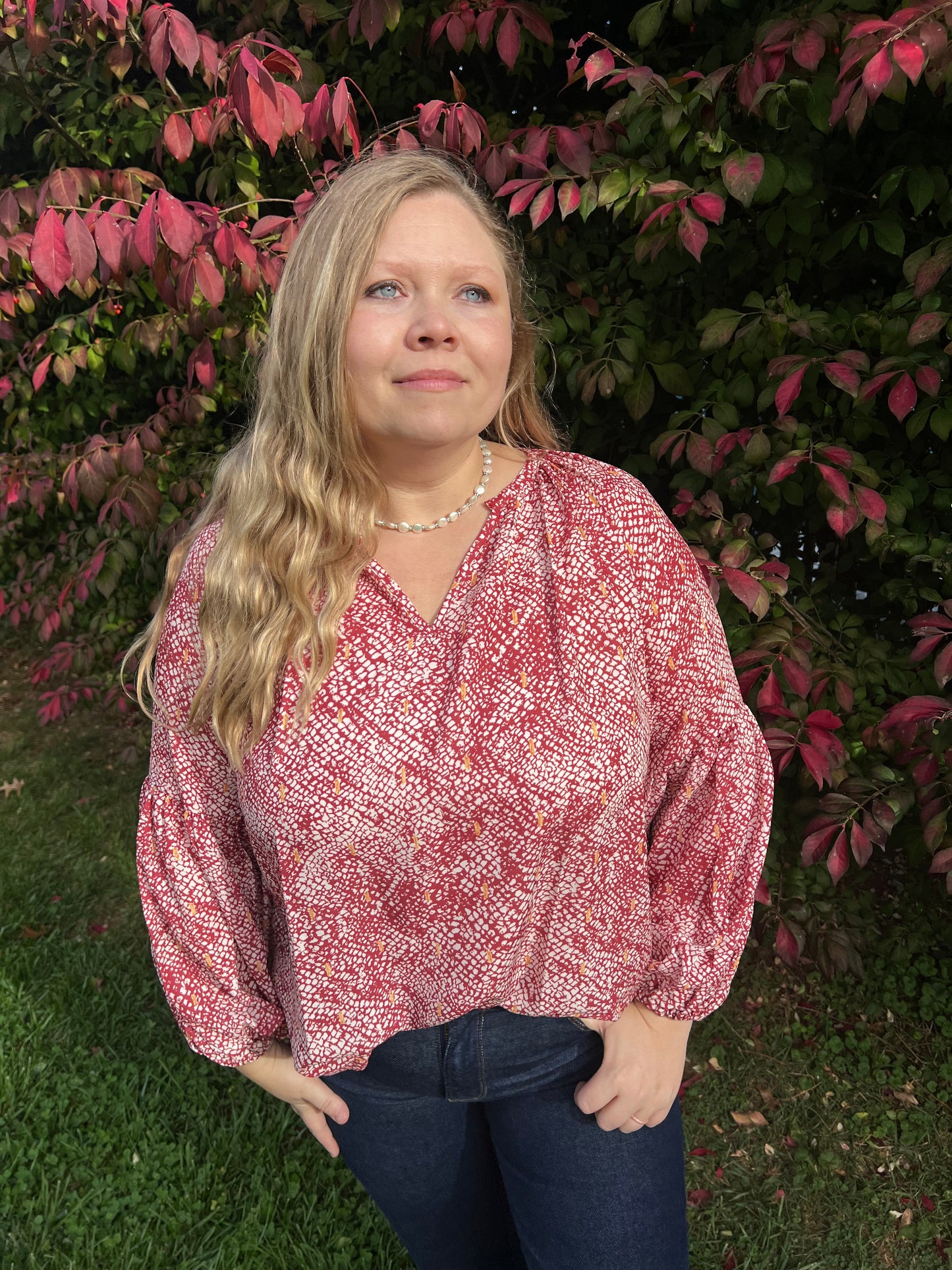 Red Boho Balloon Sleeve Top