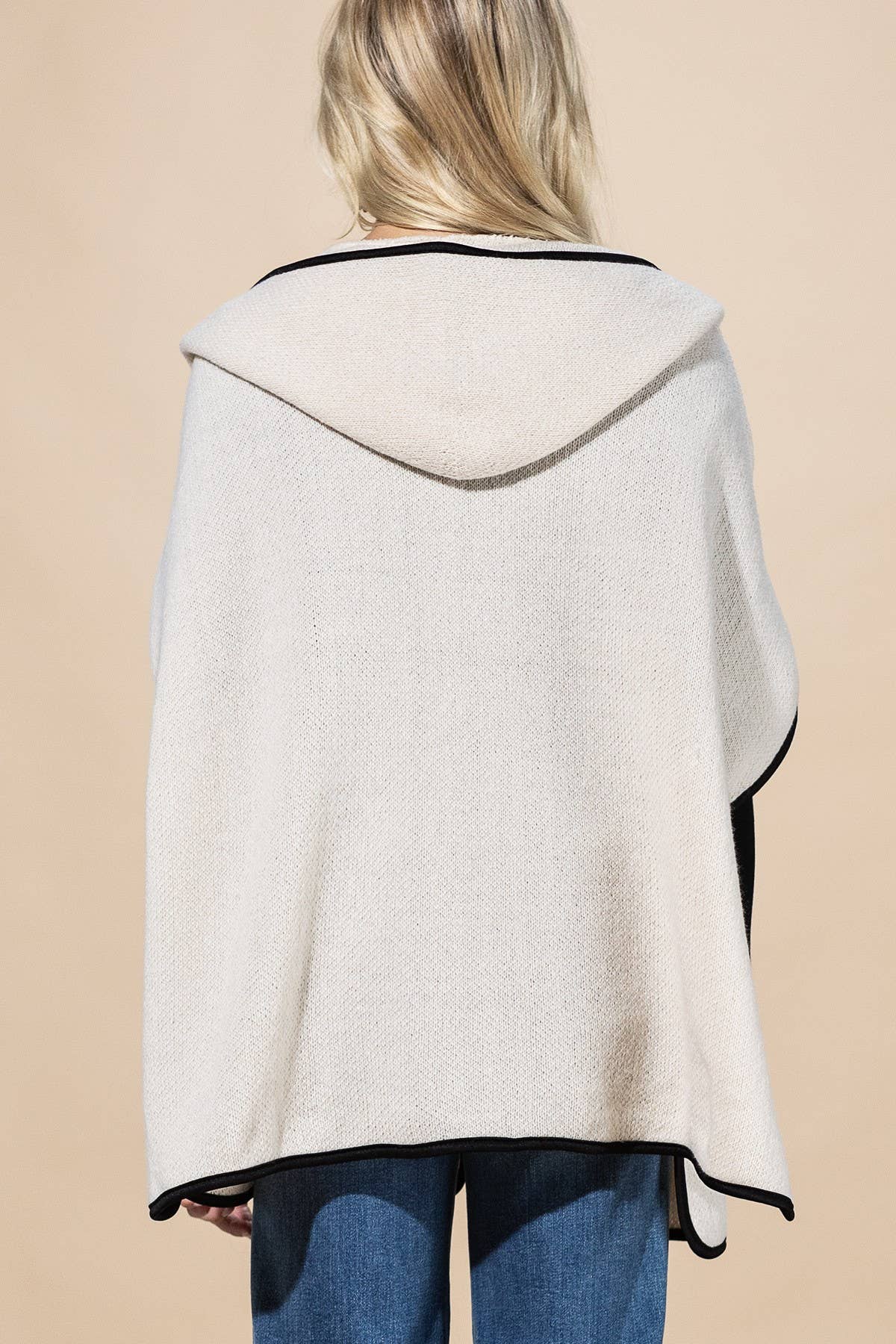 Hooded Poncho With Trim And Front Pockets