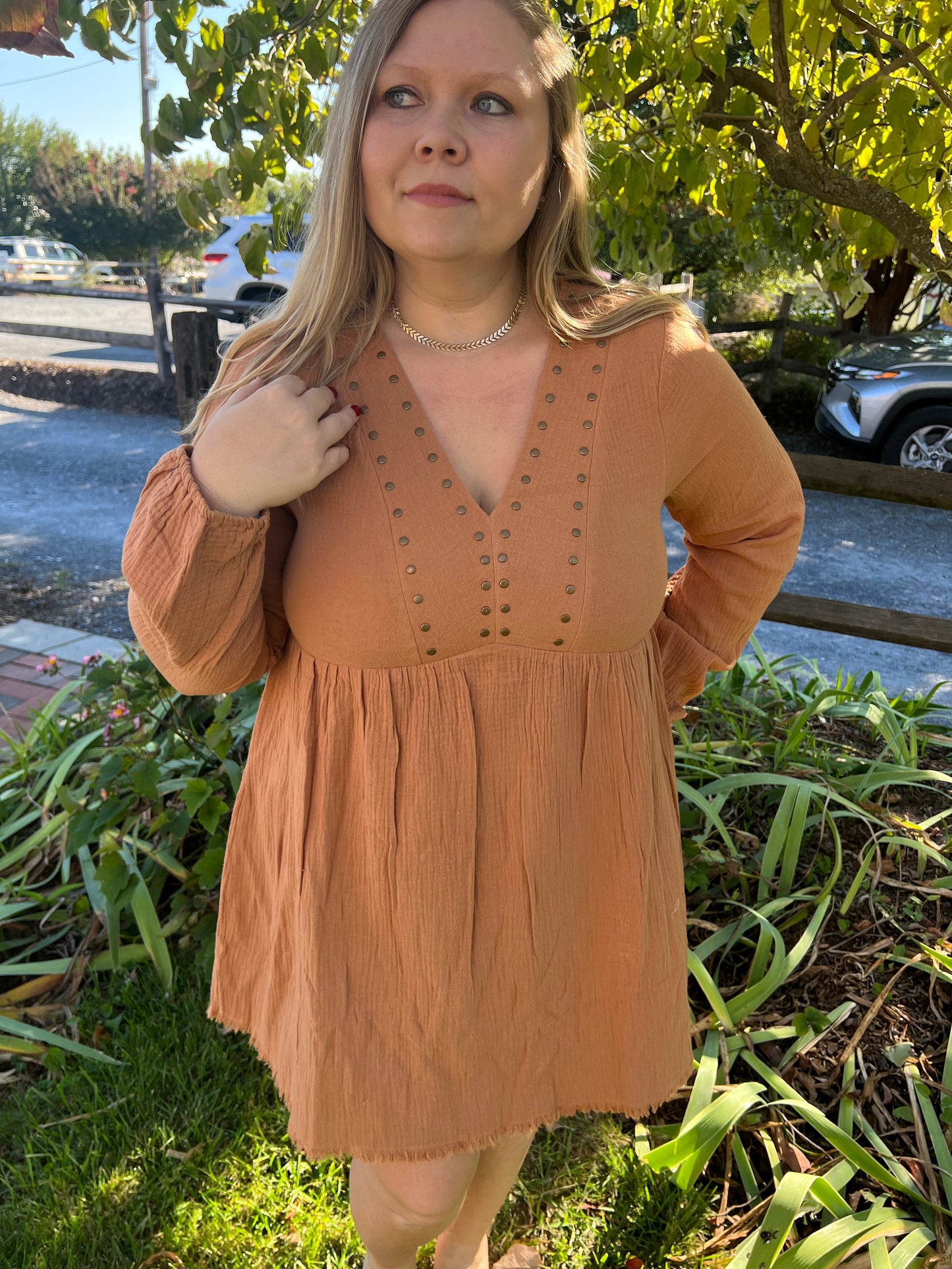 Rust Metal Detailed Woven Dress