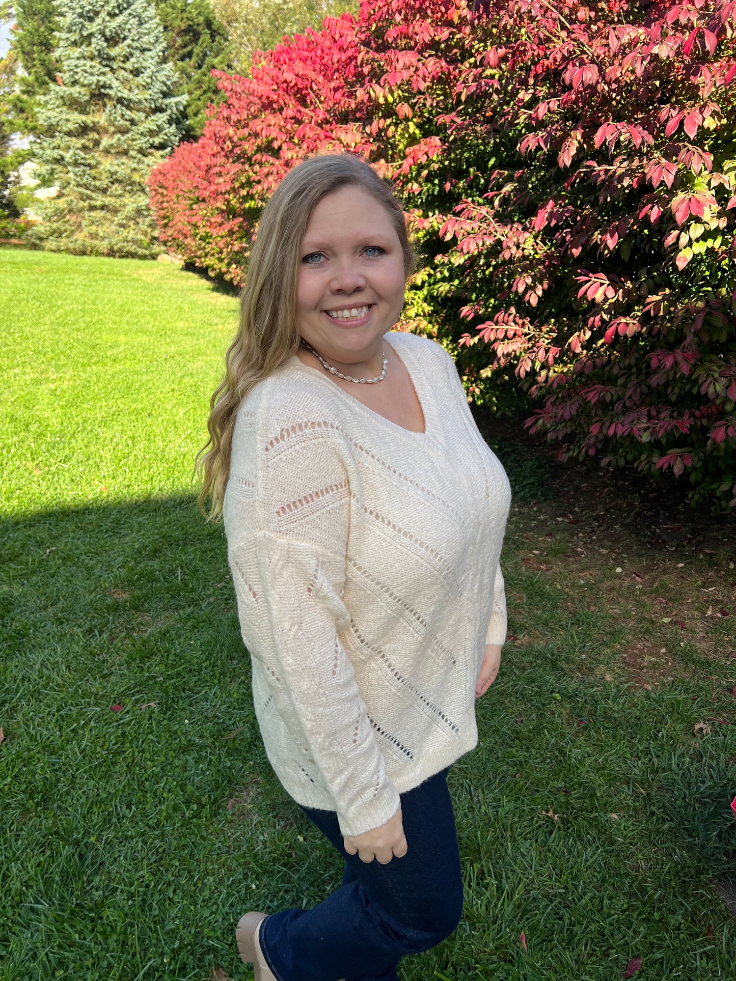 Ivory Dotted Line Detailed Sweater