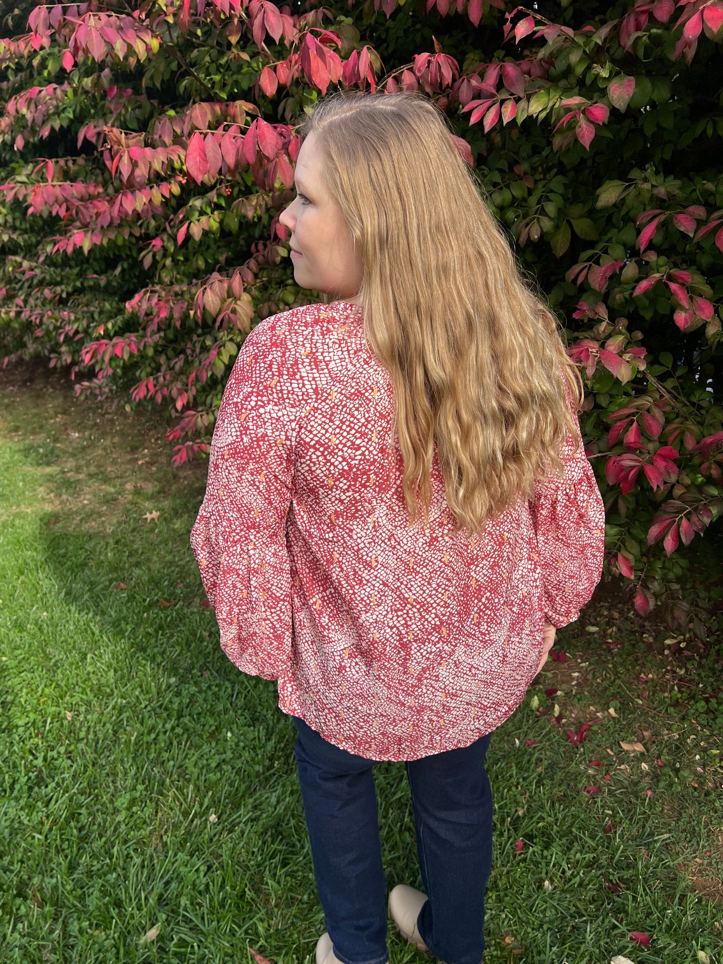 Red Boho Balloon Sleeve Top
