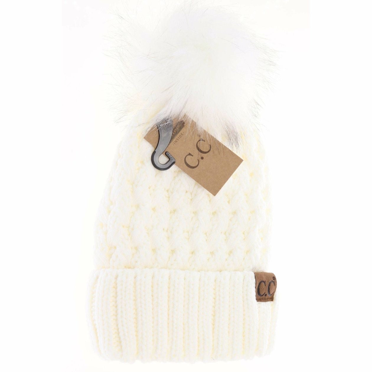 Solid Lattice Stitch Fur Pom C.C. Beanie