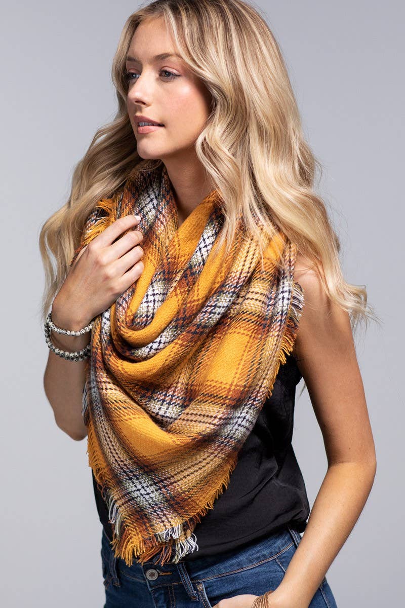 Mustard Plaid Fringed Edge Scarf