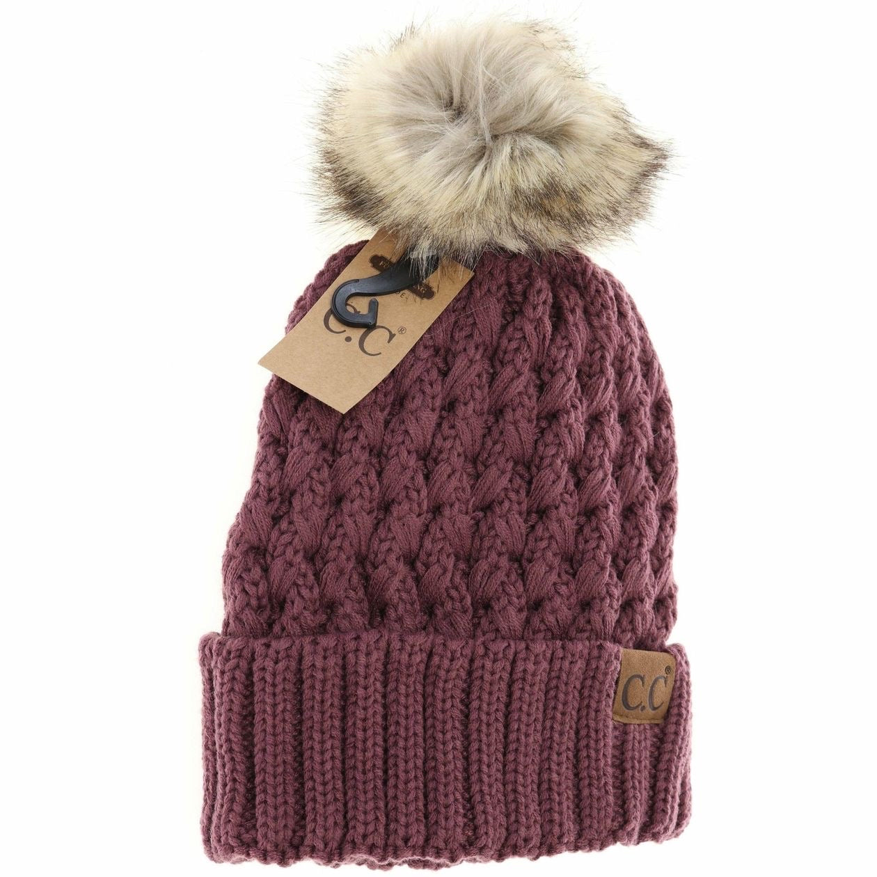 Solid Lattice Stitch Fur Pom C.C. Beanie