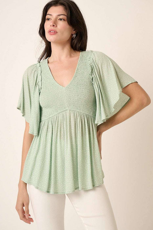 Dotty Smocked V-Neck Blouse