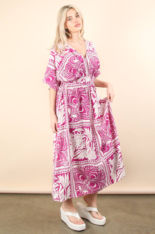 Fuchsia Printed V-Neck Boho Midi Dress