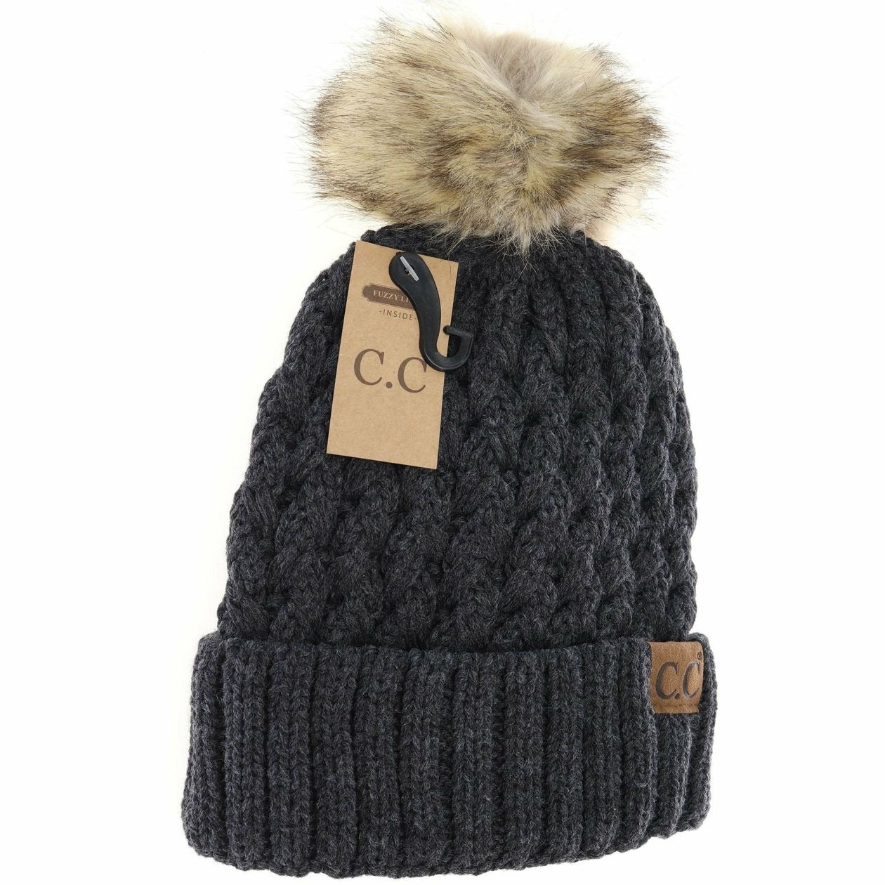 Solid Lattice Stitch Fur Pom C.C. Beanie