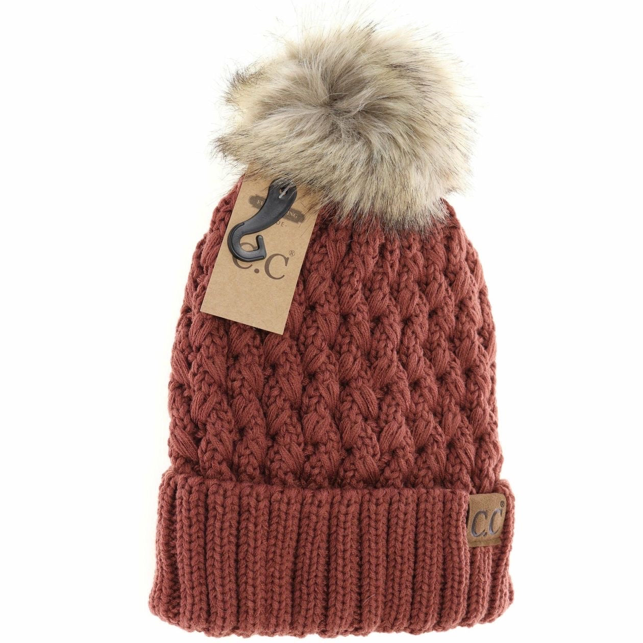 Solid Lattice Stitch Fur Pom C.C. Beanie
