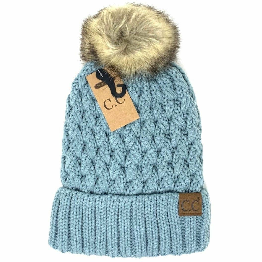Solid Lattice Stitch Fur Pom C.C. Beanie