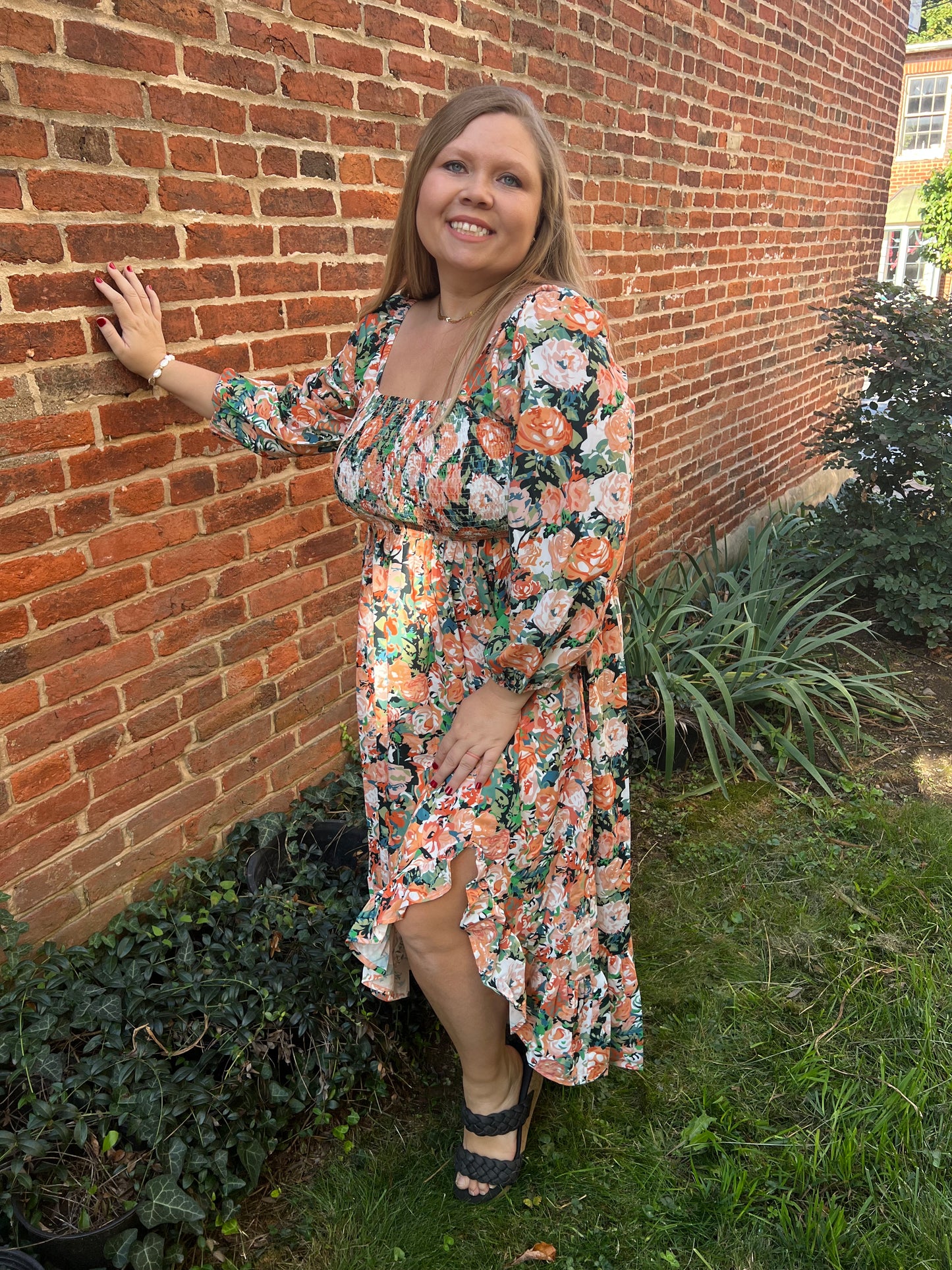 Tangerine & Green Floral Midi Dress