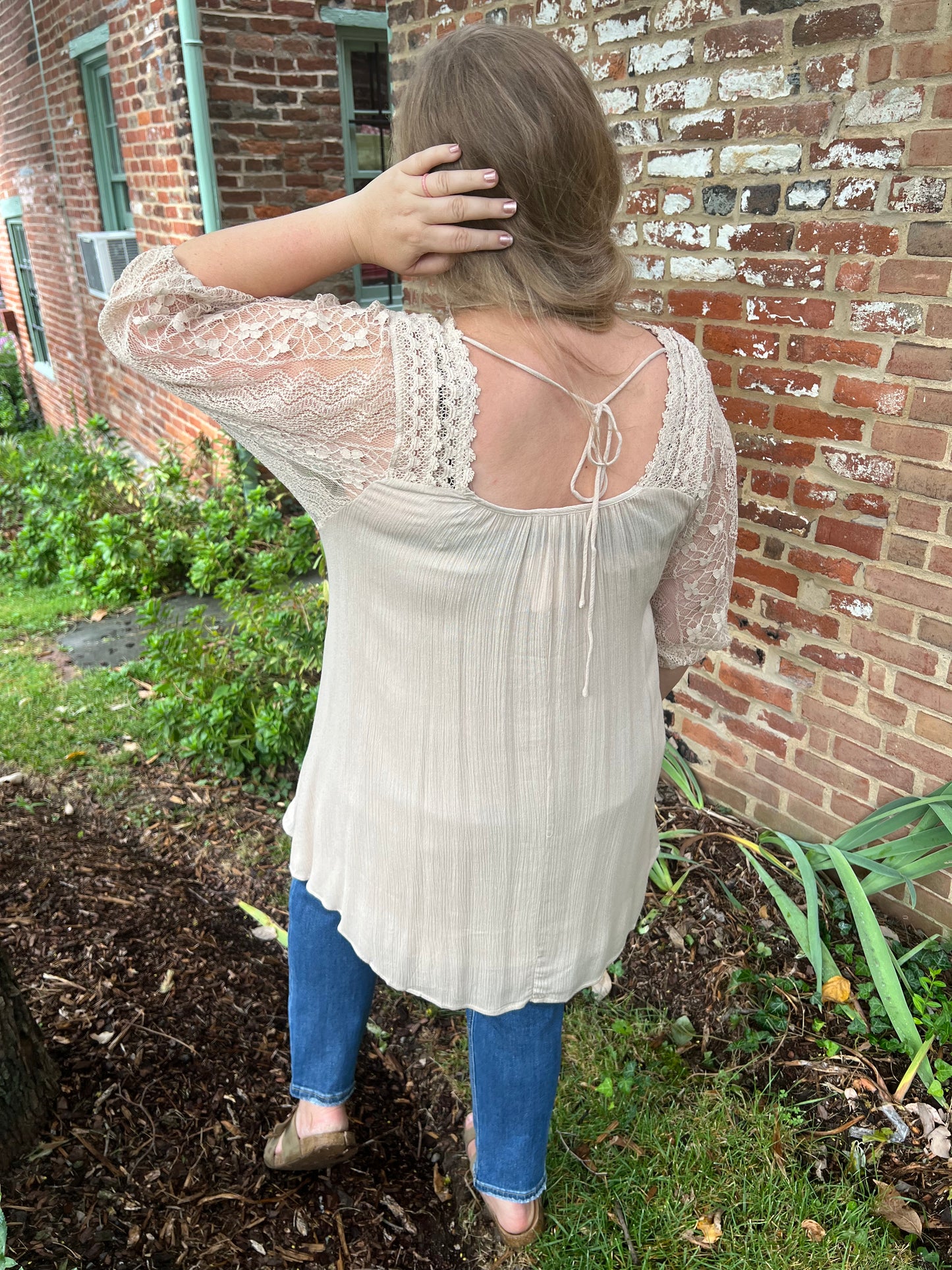 Beige Lace Sleeve Dress