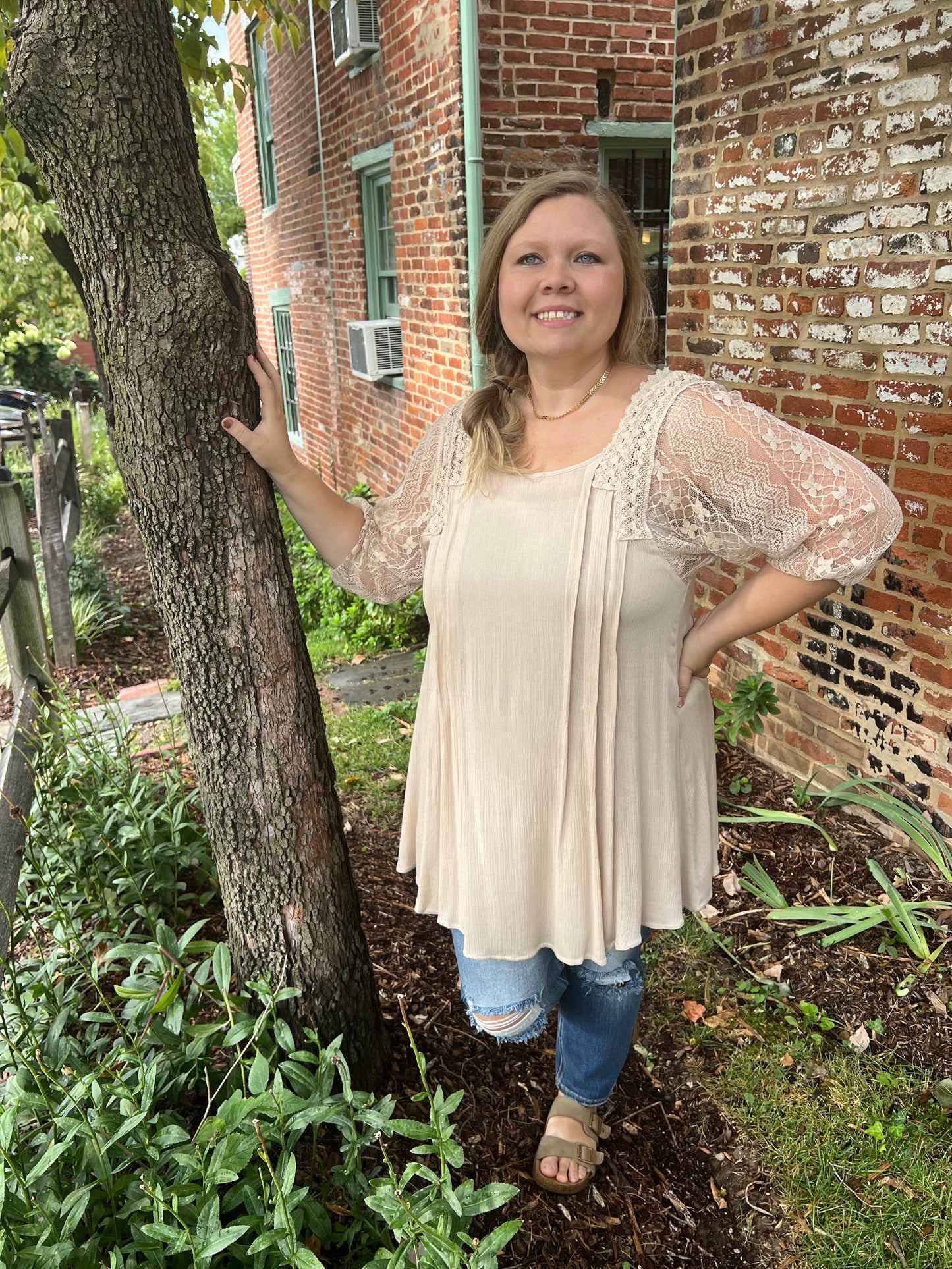 Beige Lace Sleeve Dress