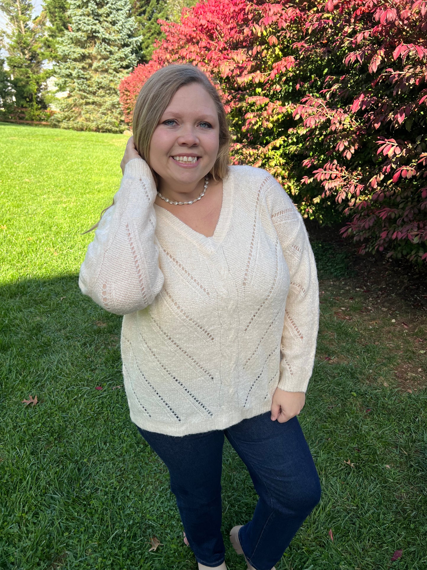 Ivory Dotted Line Detailed Sweater