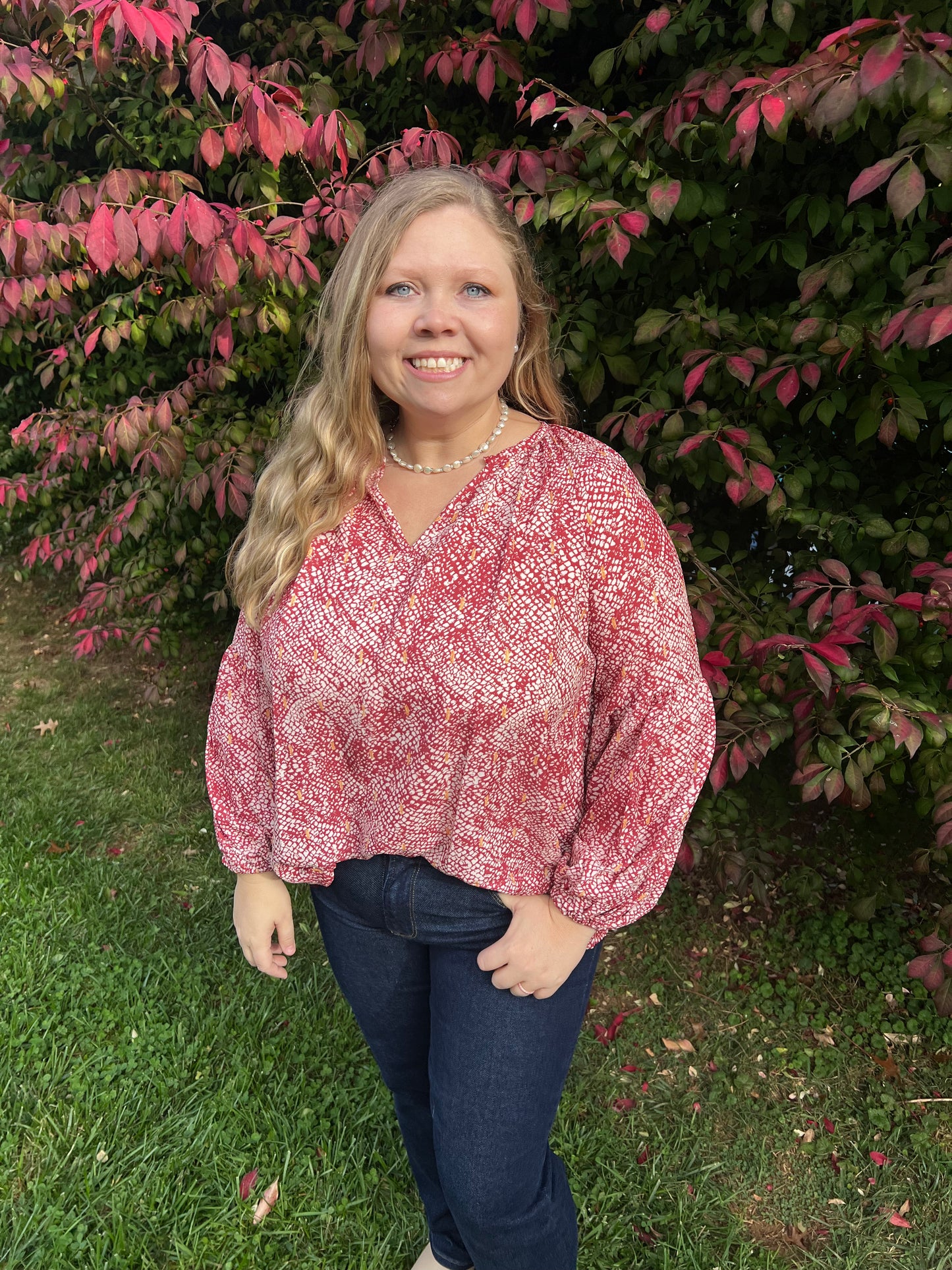 Red Boho Balloon Sleeve Top