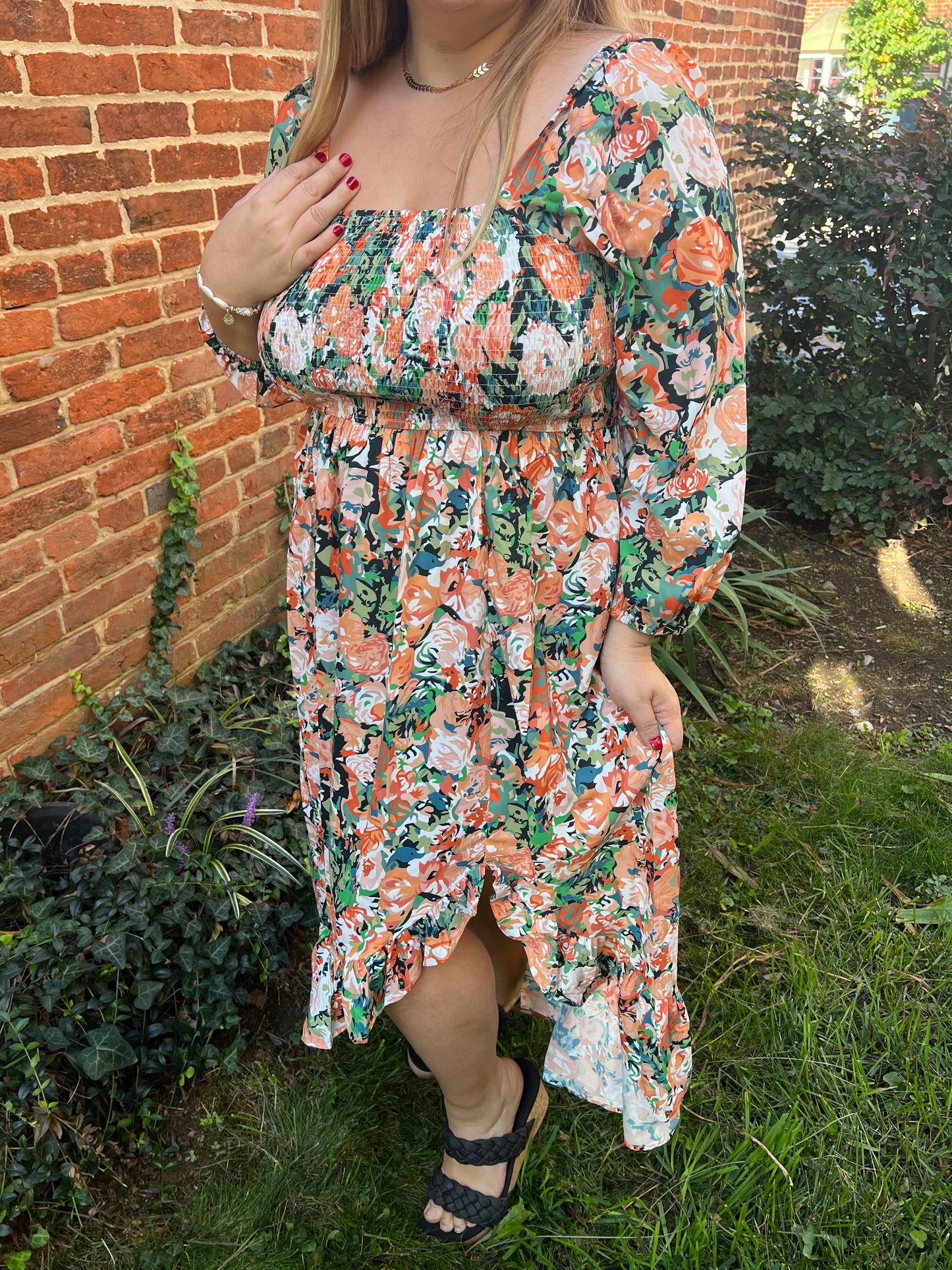 Tangerine & Green Floral Midi Dress