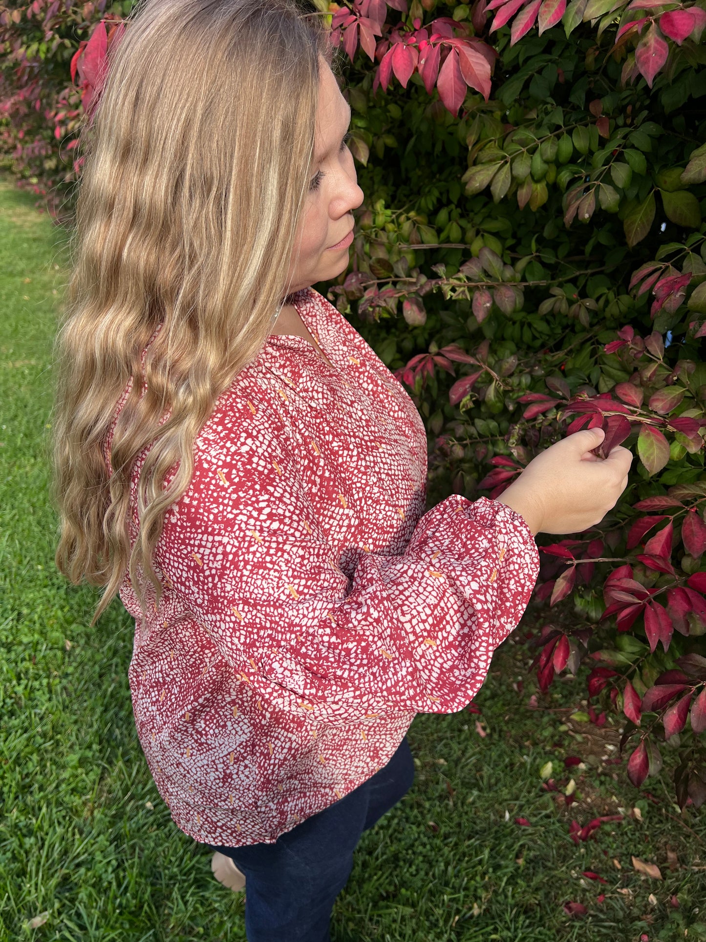 Red Boho Balloon Sleeve Top