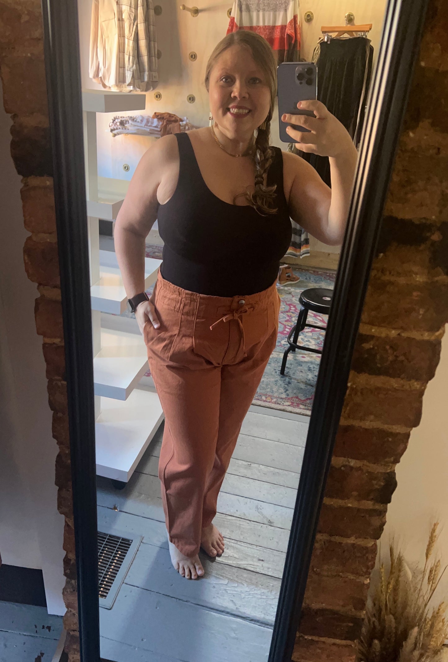 Rust Ribbed Waist Tie Pant