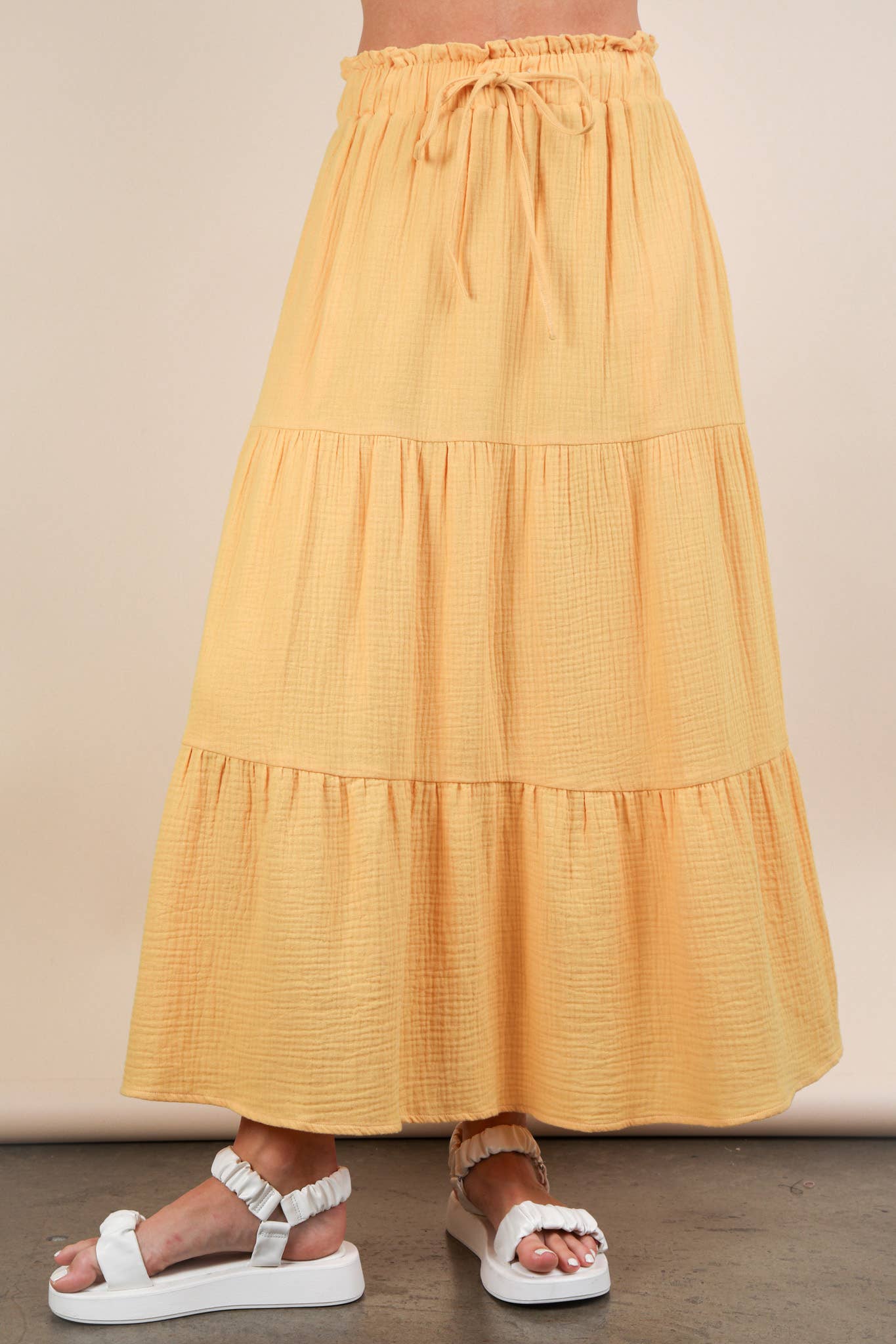 Ria's Mustard Elastic Waist Tiered Maxi Skirt