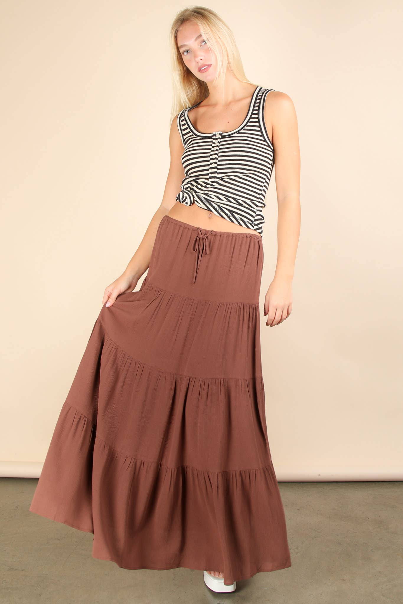 Gia's Chocolate Tiered Layers Woven Midi Skirt