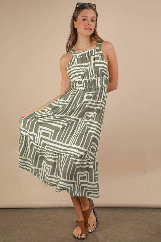Olive/Cream Printed Summer Midi Boho Dress