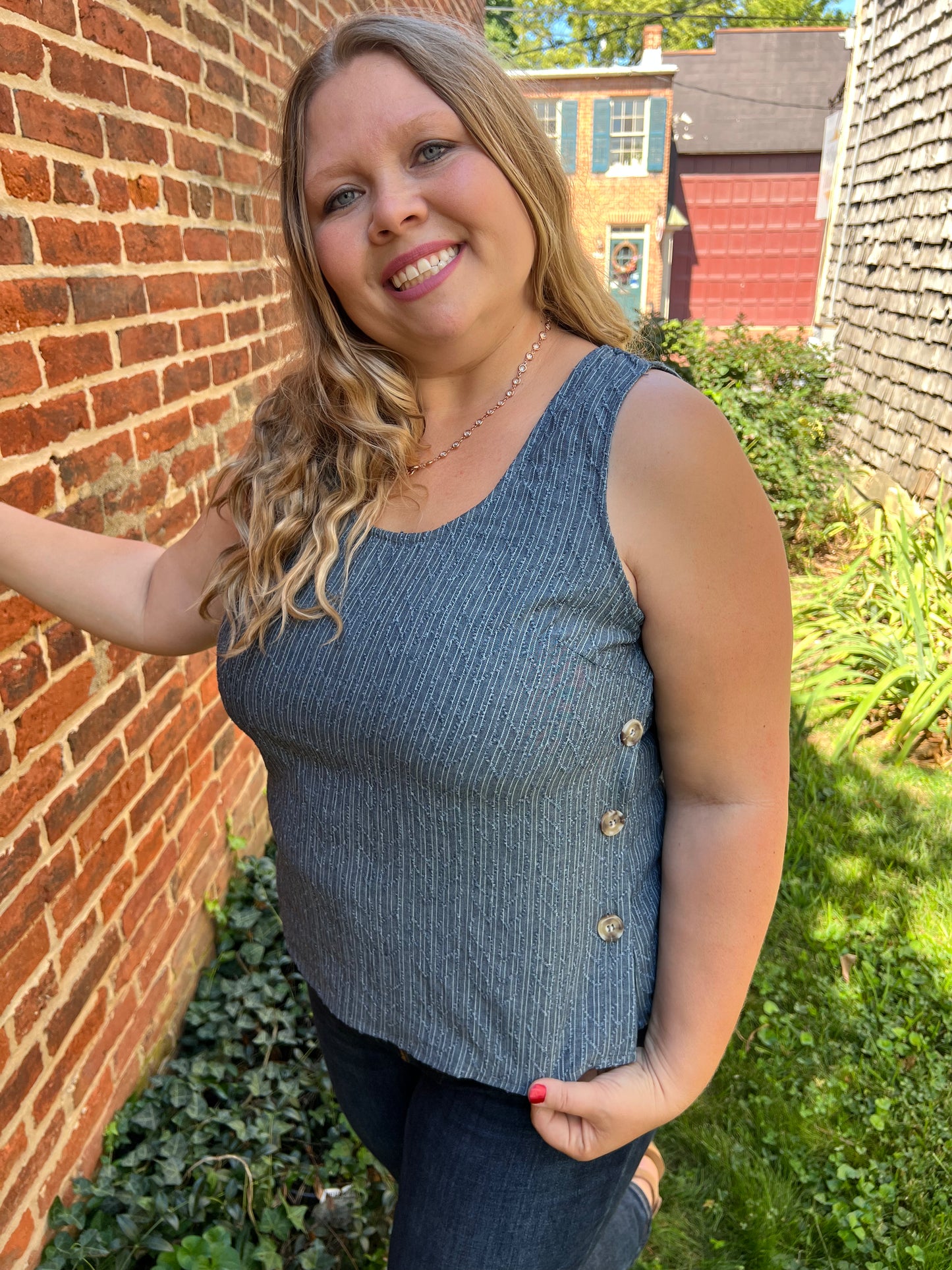 Soft Blue Chambray Side Button Down Top