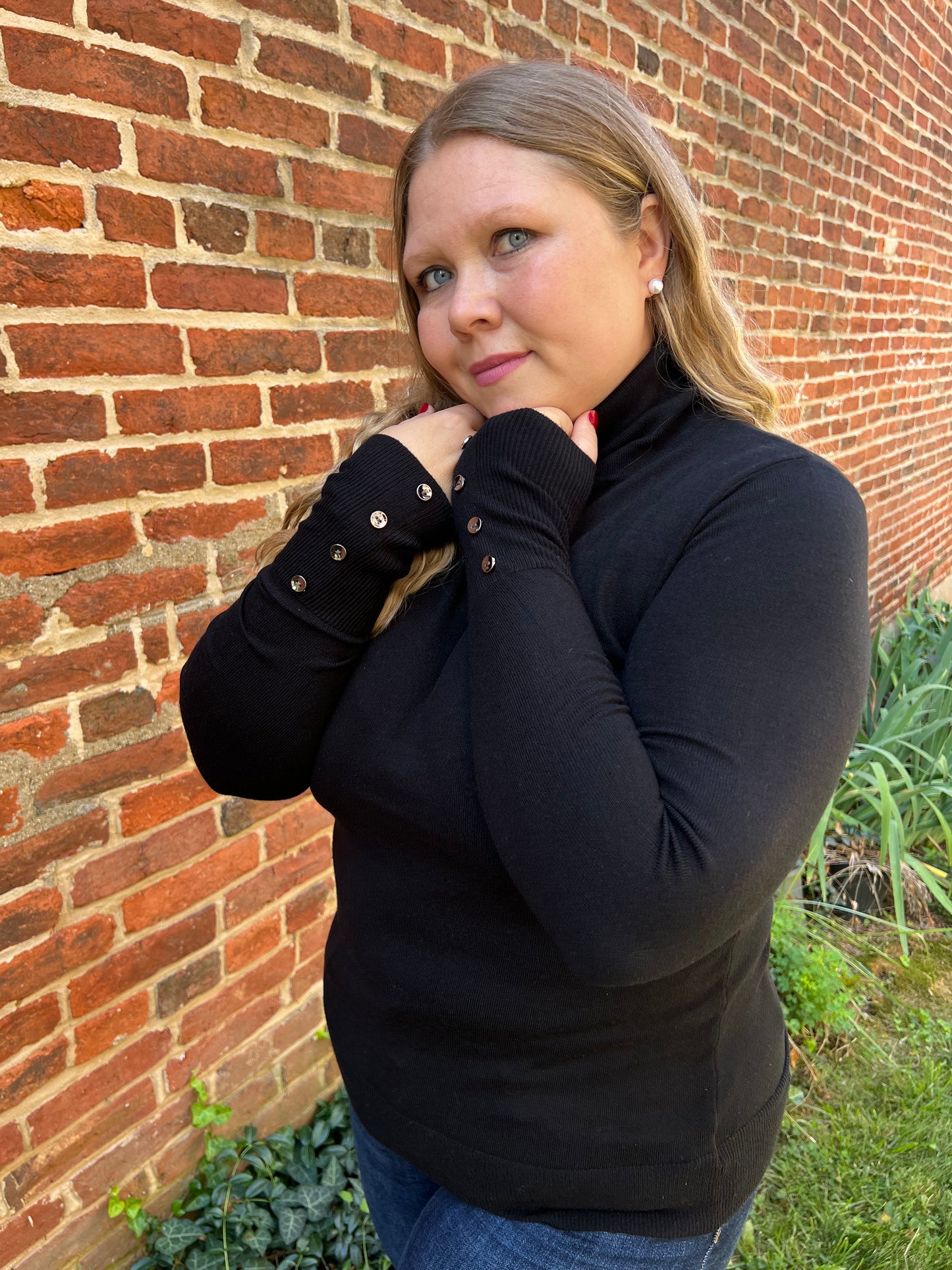 Soft Mock Neck Buttoned Sleeve Top