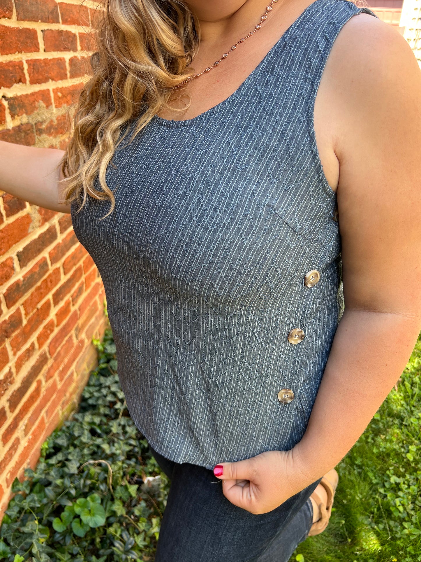 Soft Blue Chambray Side Button Down Top