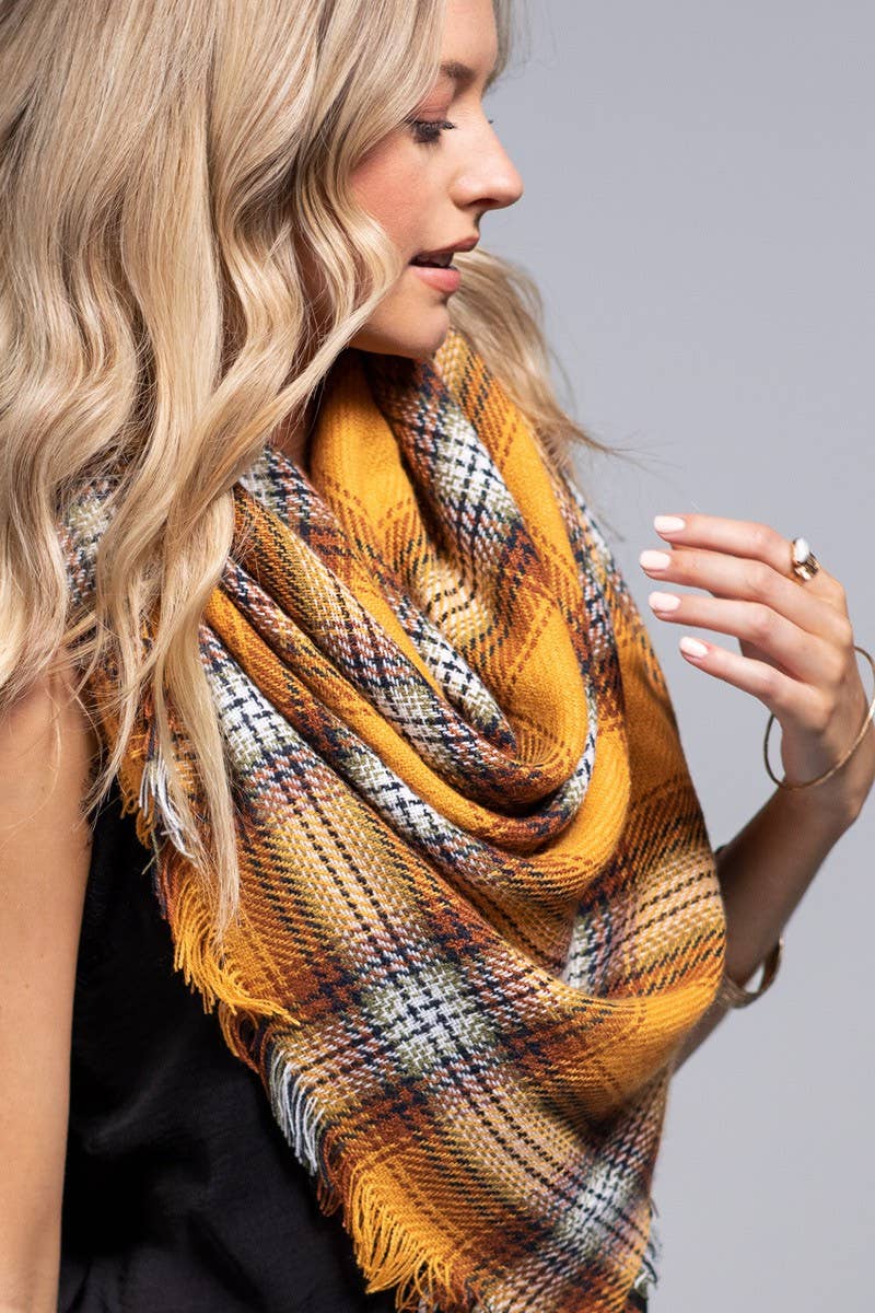 Mustard Plaid Fringed Edge Scarf