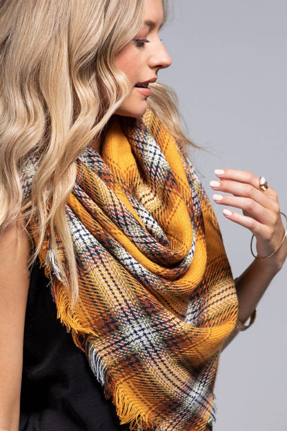 Mustard Plaid Fringed Edge Scarf