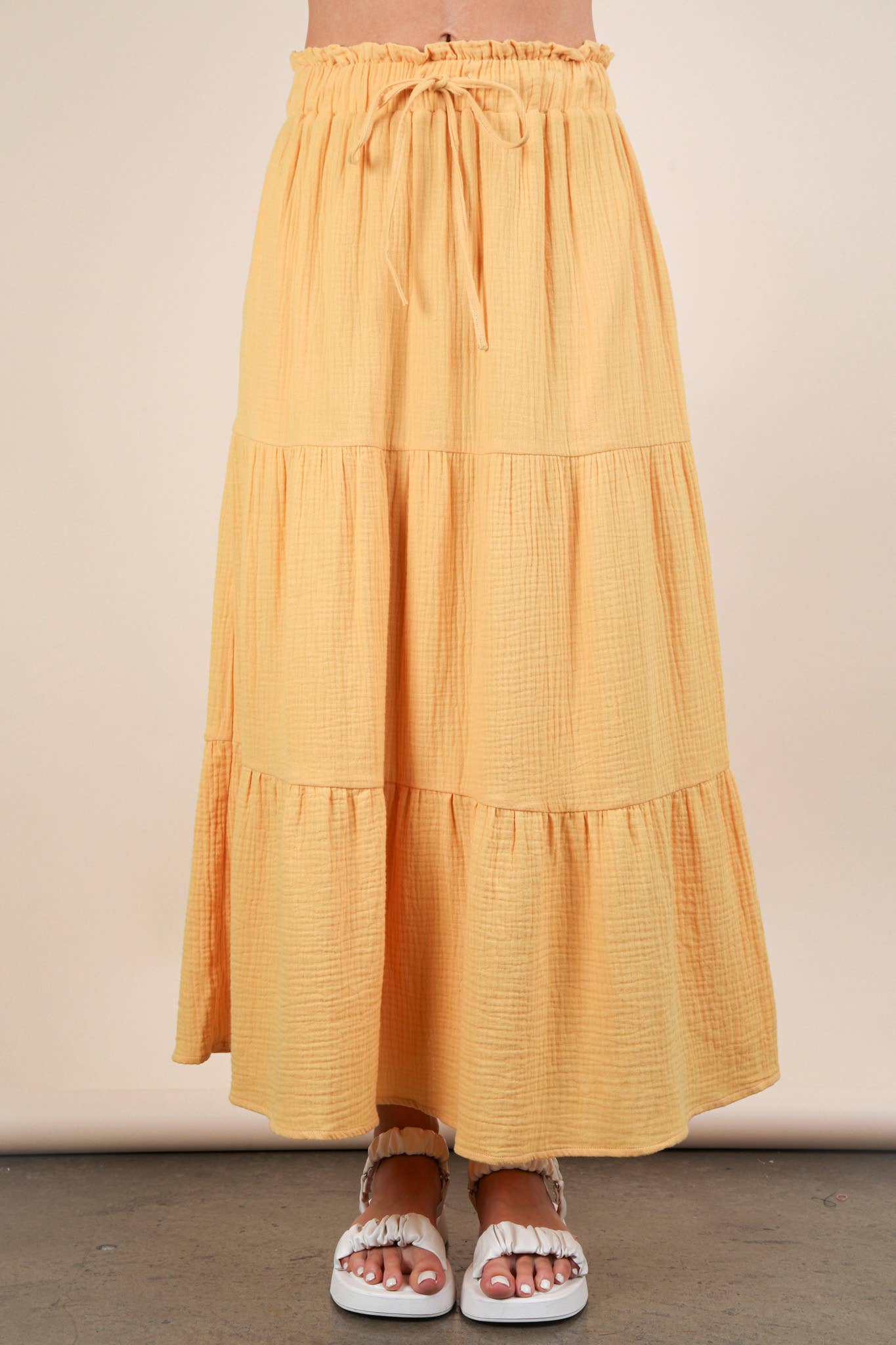 Ria's Mustard Elastic Waist Tiered Maxi Skirt