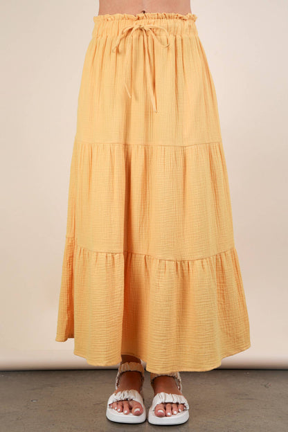 Ria's Mustard Elastic Waist Tiered Maxi Skirt
