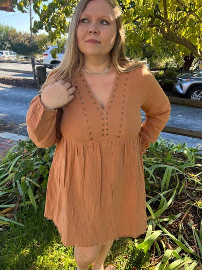 Rust Metal Detailed Woven Dress