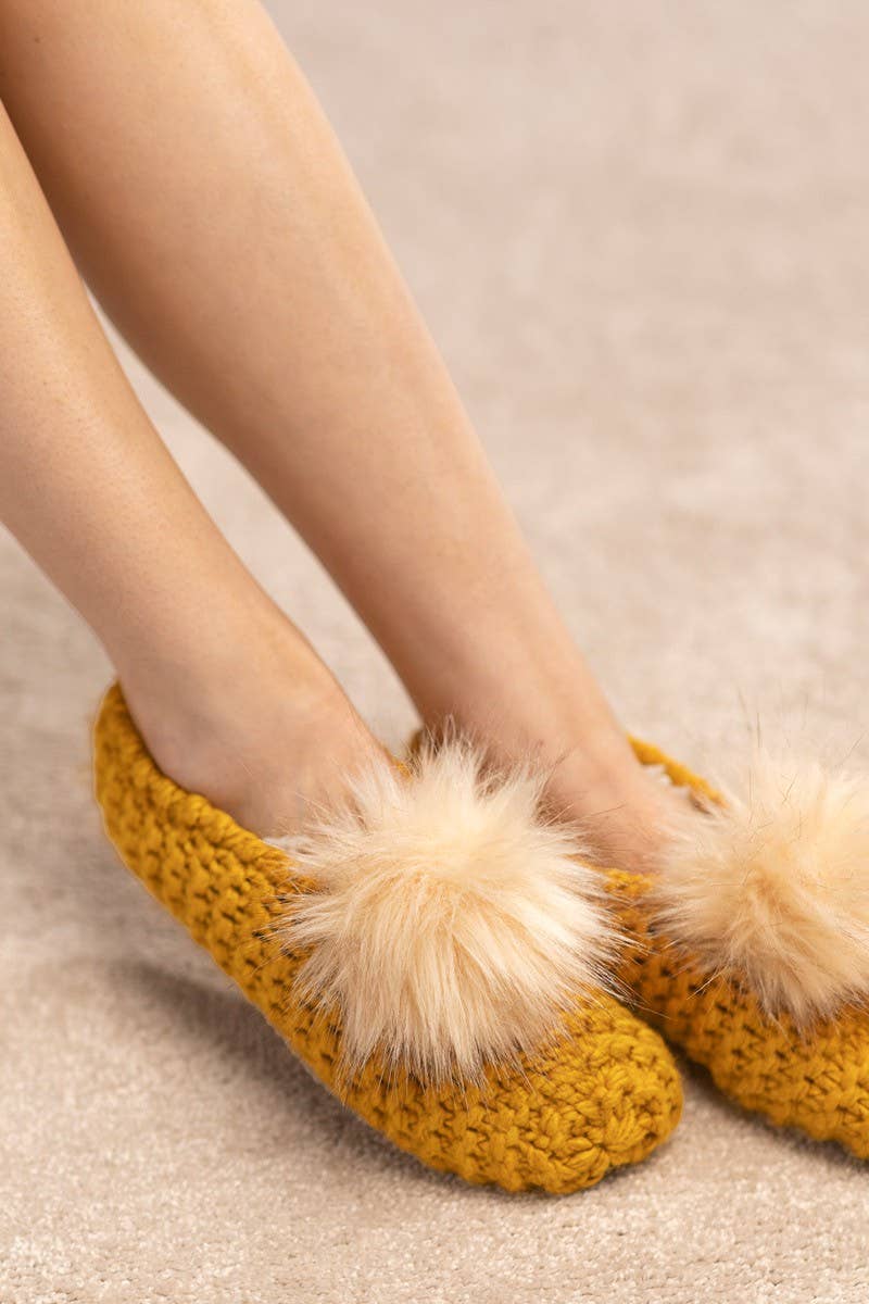 Knitted Slippers with Pom Pom