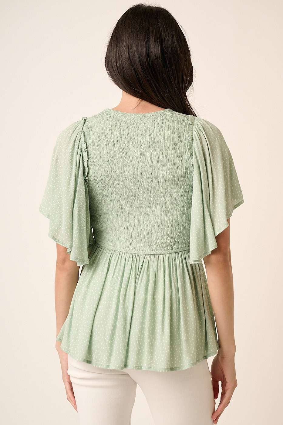 Dotty Smocked V-Neck Blouse