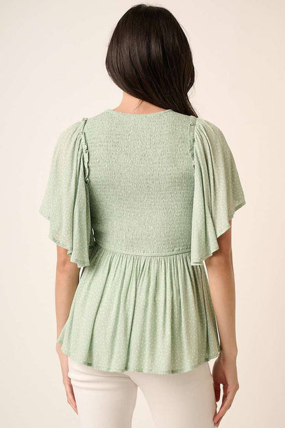 Dotty Smocked V-Neck Blouse