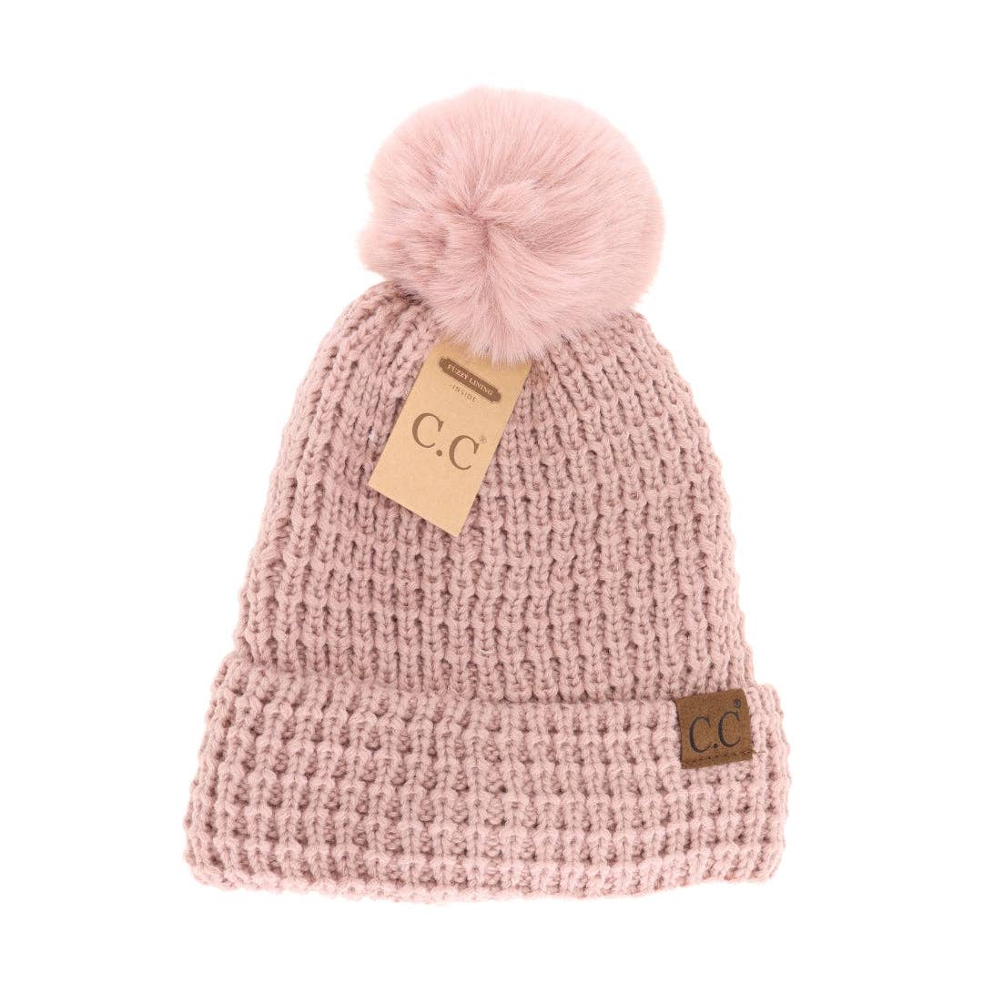 Waffle Knit Faux Fur Pom C.C Beanie