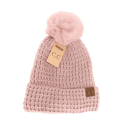 Waffle Knit Faux Fur Pom C.C Beanie