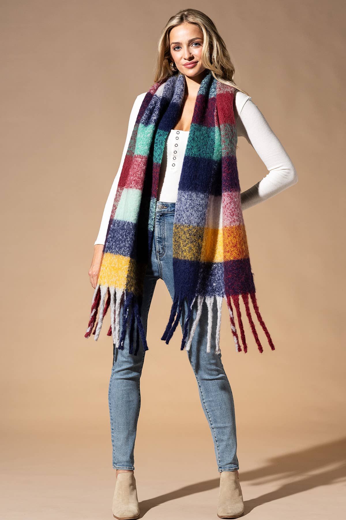 Multi Colored Brushed Plaid Oblong Scarf
