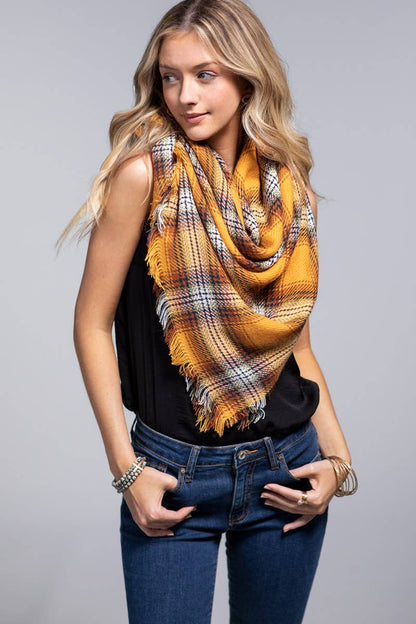 Mustard Plaid Fringed Edge Scarf