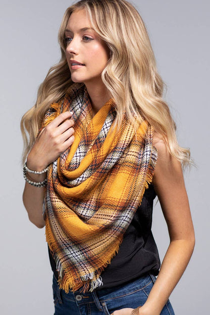 Mustard Plaid Fringed Edge Scarf
