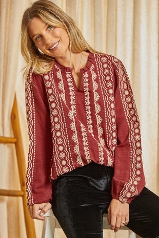 Aziza Red Taupe Embroidered Top