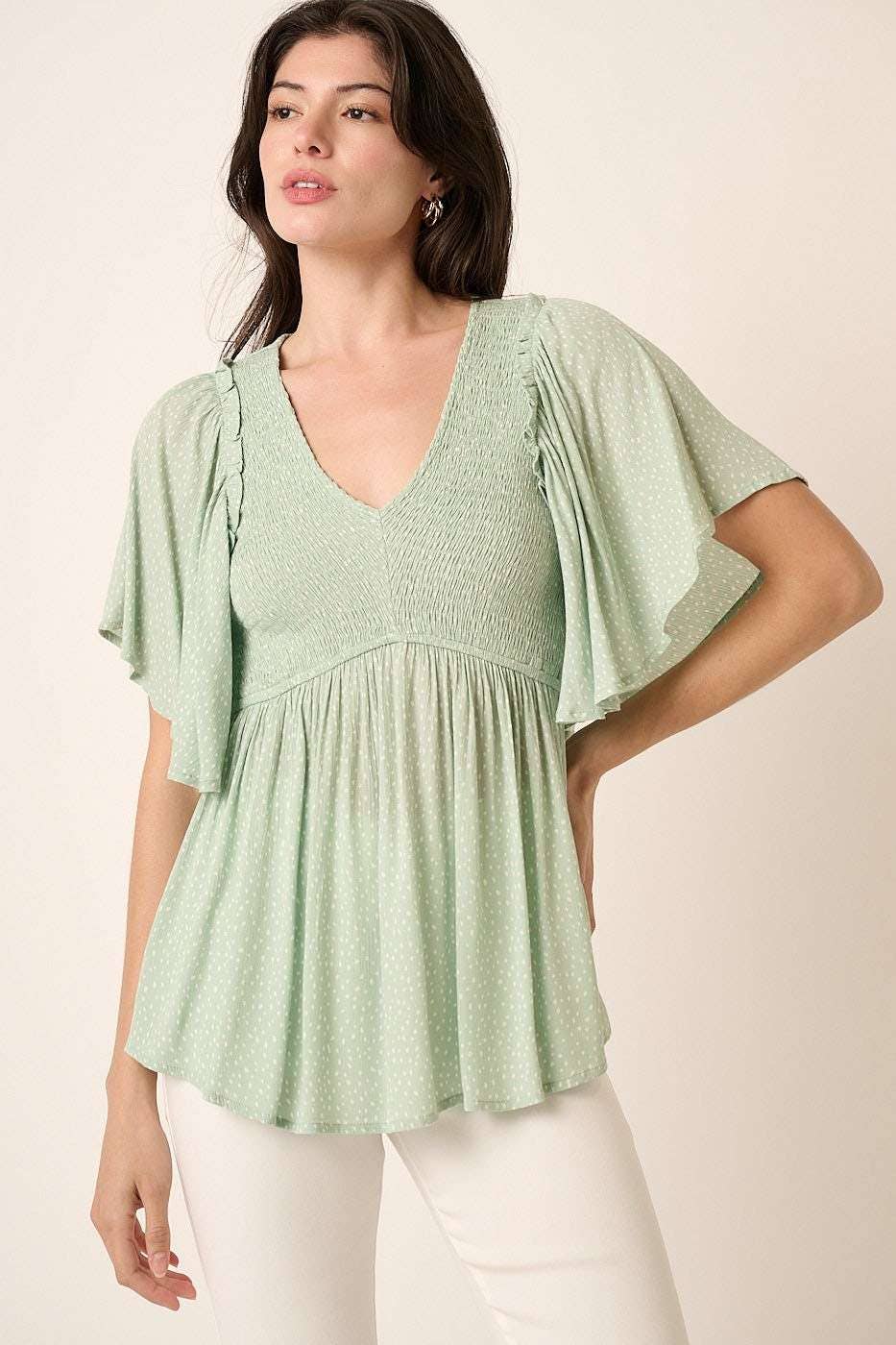 Dotty Smocked V-Neck Blouse