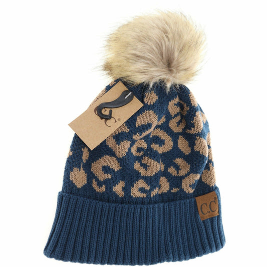 Leopard Pattern Fur Pom Beanie