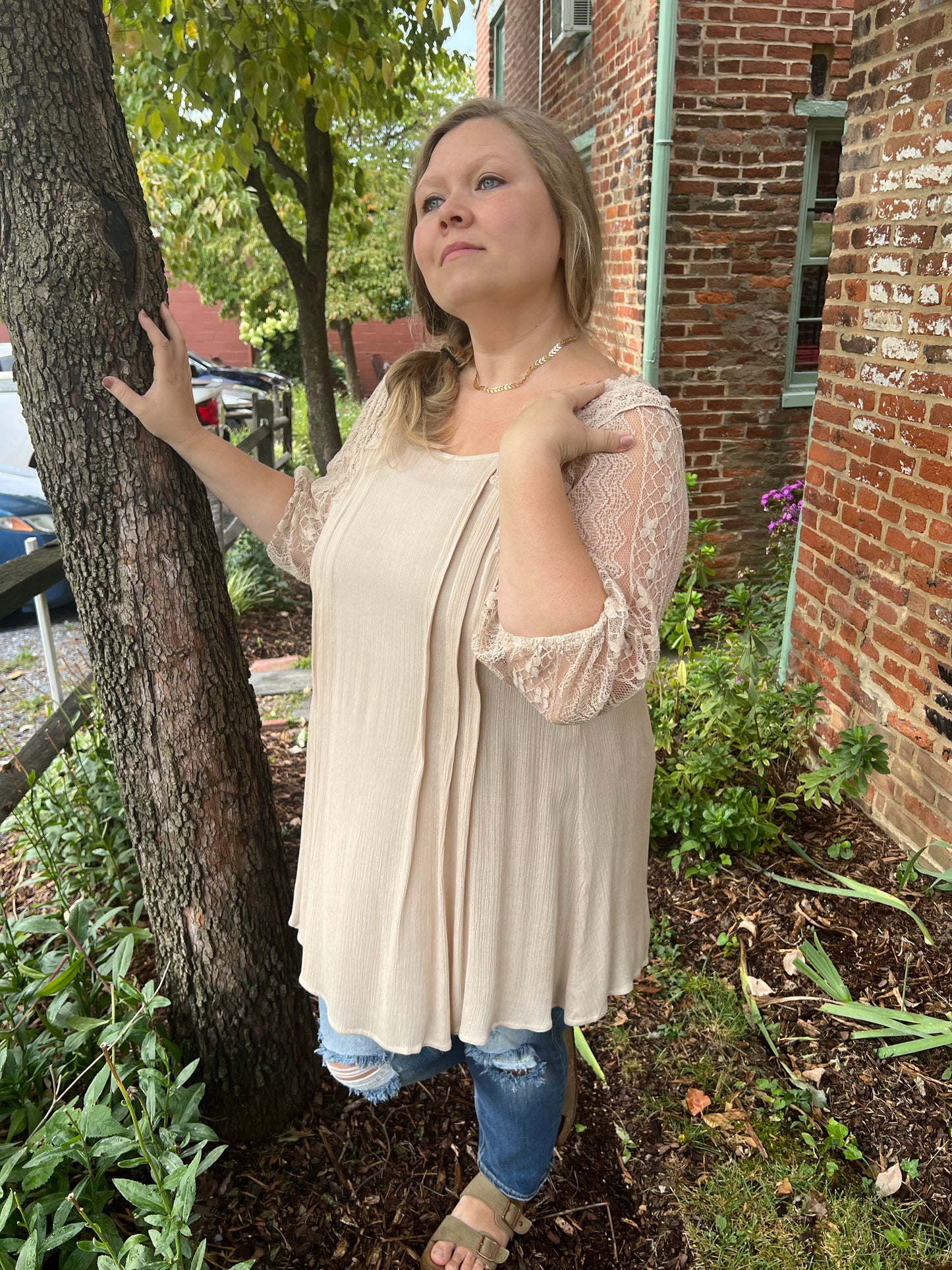 Beige Lace Sleeve Dress
