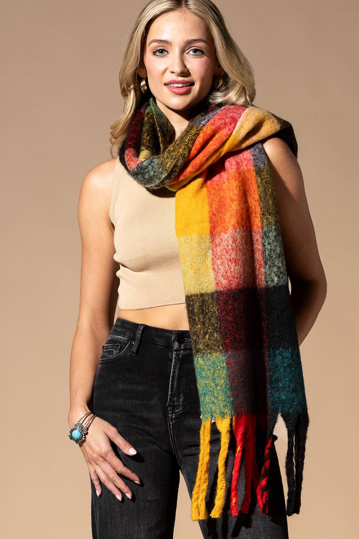 Multi Colored Brushed Plaid Oblong Scarf