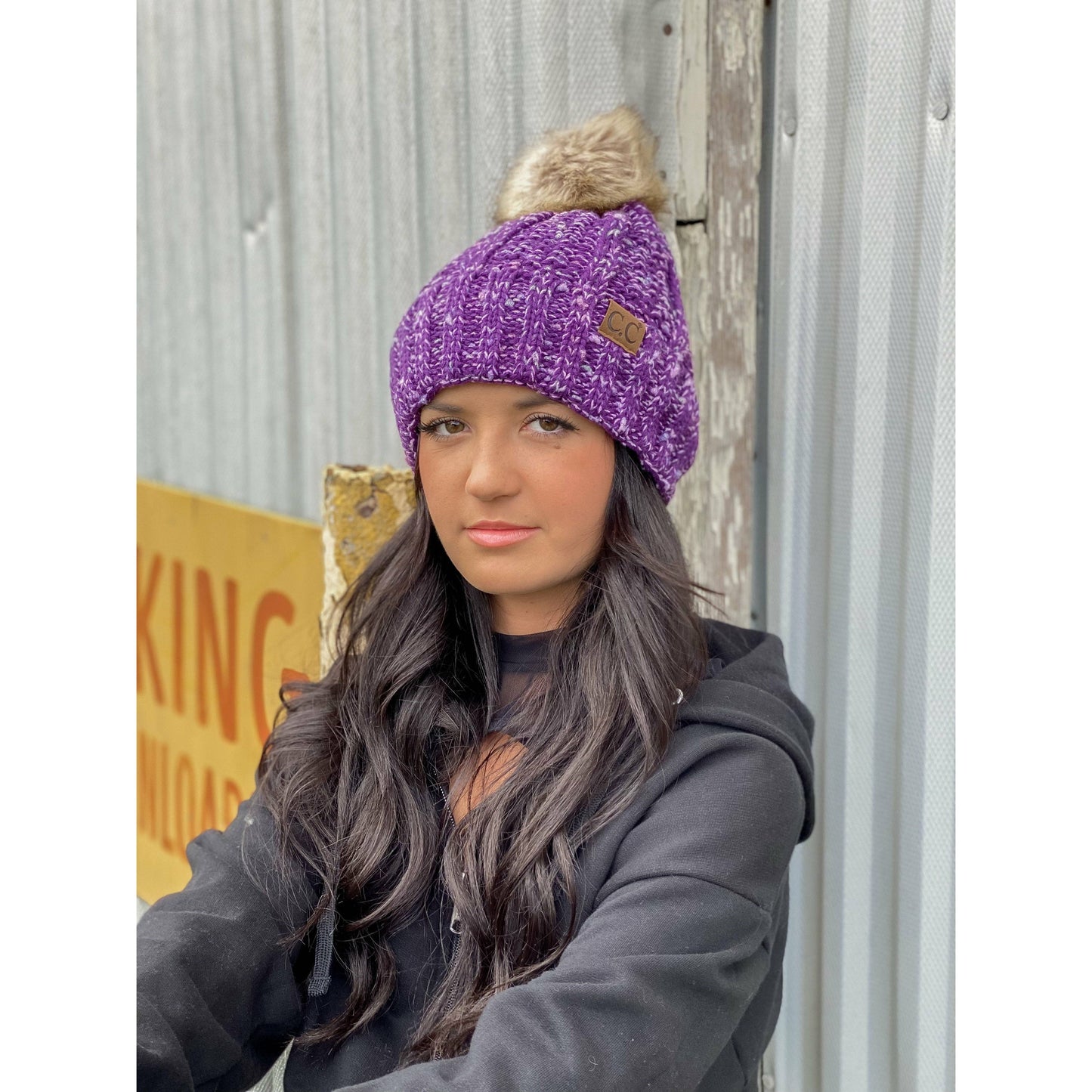 Fuzzy Lined Confetti Knit Fur Pom