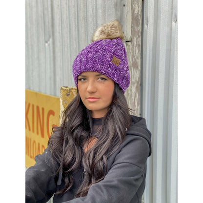 Fuzzy Lined Confetti Knit Fur Pom