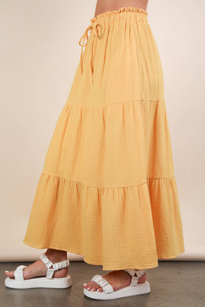 Ria's Mustard Elastic Waist Tiered Maxi Skirt