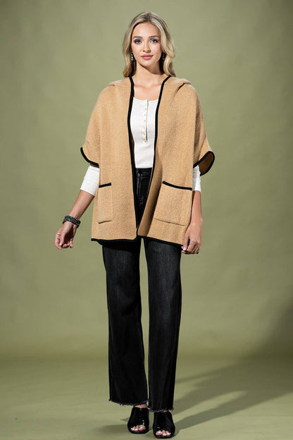 Hooded Poncho With Trim And Front Pockets
